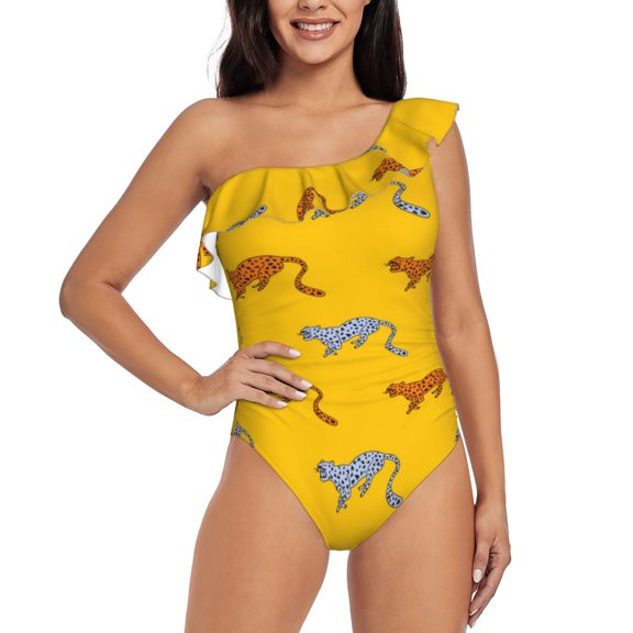 Rateoe Leopard Print Pattern Women One Piece Swimsuits Tummy Control One Shoulder Bathing Suits Ruffle Swimwear-