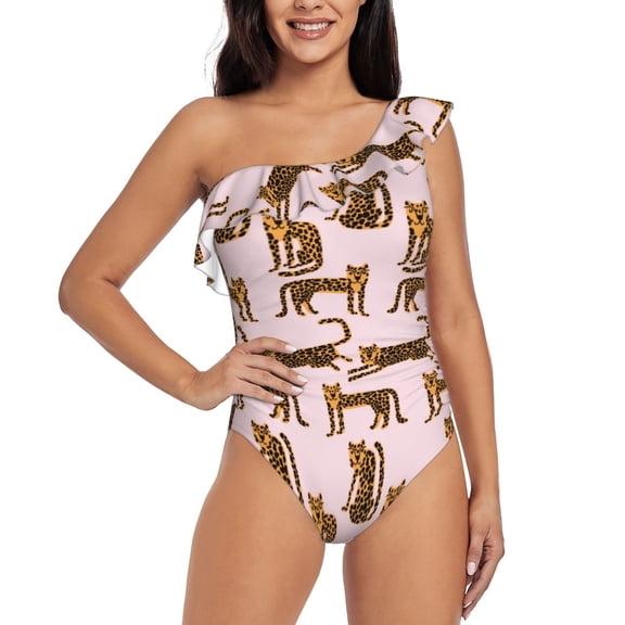 Rateoe Leopard Print Pattern Women One Piece Swimsuits Tummy Control One Shoulder Bathing Suits Ruffle Swimwear-