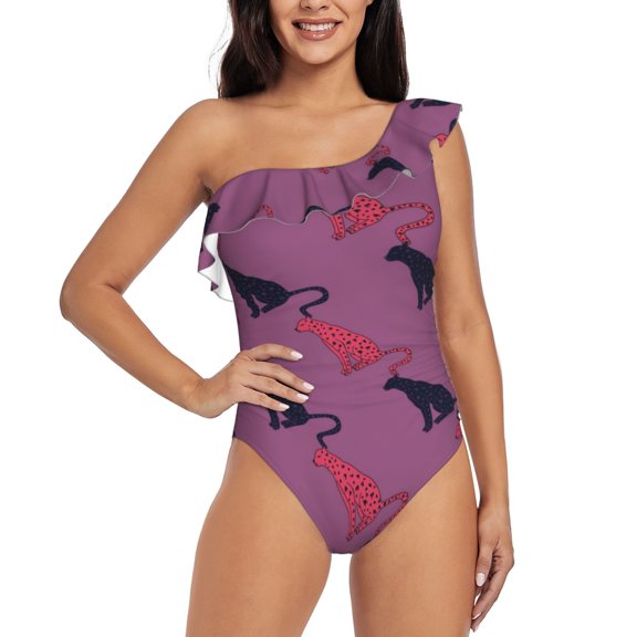 Rateoe Leopard Print Pattern Women One Piece Swimsuits Tummy Control One Shoulder Bathing Suits Ruffle Swimwear-