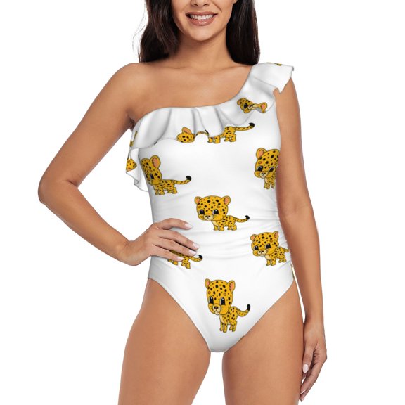 Rateoe Leopard Print Pattern Women One Piece Swimsuits Tummy Control One Shoulder Bathing Suits Ruffle Swimwear-