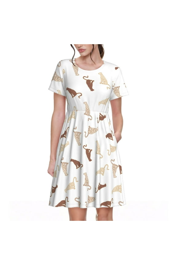 Leopard Print Pattern Women’s Short Sleeve Dress – Casual Elegant Summer A-Line Dress for Everyday Wear