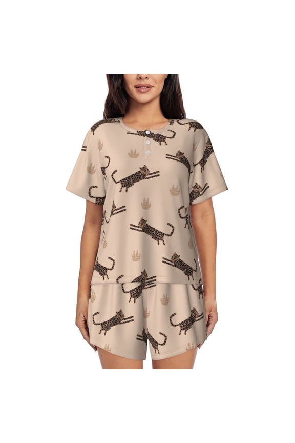 Leopard Print Pattern Women's Short-Sleeved Pajama Set - 2 Piece Soft and Lightweight Sleepwear Set-Medium