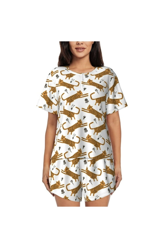Leopard Print Pattern Women's Short-Sleeved Pajama Set - 2 Piece Soft and Lightweight Sleepwear Set-Medium