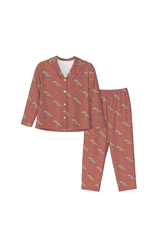 Leopard Print Pattern Womens Pajamas Set Long Sleeve Sleepwear Button Down Nightwear Soft Cotton Pj Lounge Sets