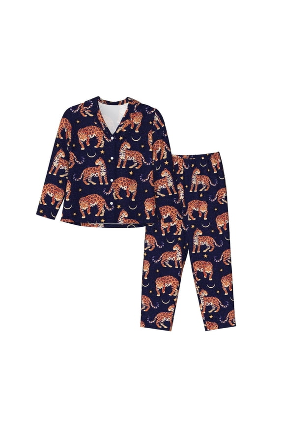 Leopard Print Pattern Womens Pajamas Set Long Sleeve Sleepwear Button Down Nightwear Soft Cotton Pj Lounge Sets