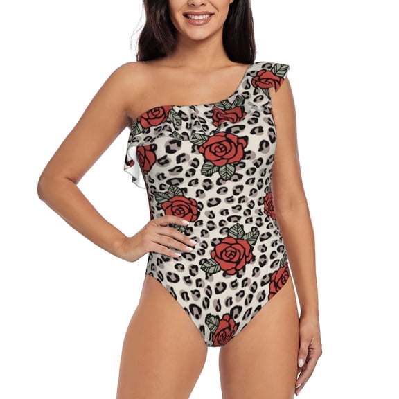 Rateoe Leopard Print Rose Pattern Women One Piece Swimsuits Tummy Control One Shoulder Bathing Suits Ruffle Swimwear-X-Large