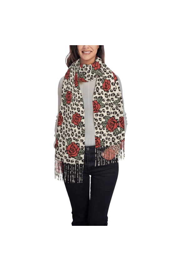 Leopard Print Rose Women's Traditional Scarf Wrap Tassel Shawl Fringes Neck Head Shawl Retro Scarf