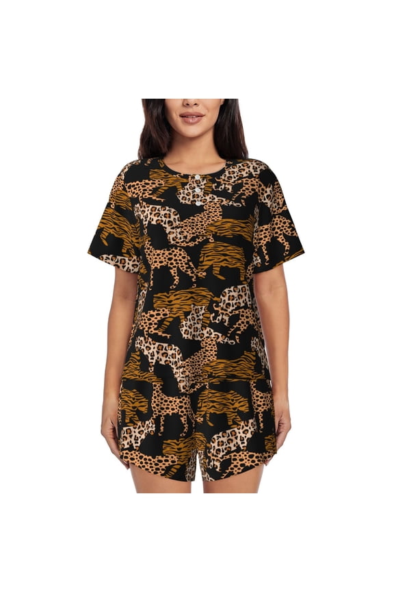 Leopard Print for 2 Piece Short Sleeves Pajama Sets Casual Lounge Sleepwear Ladies Pjs Sets with Pocket-4X-Large