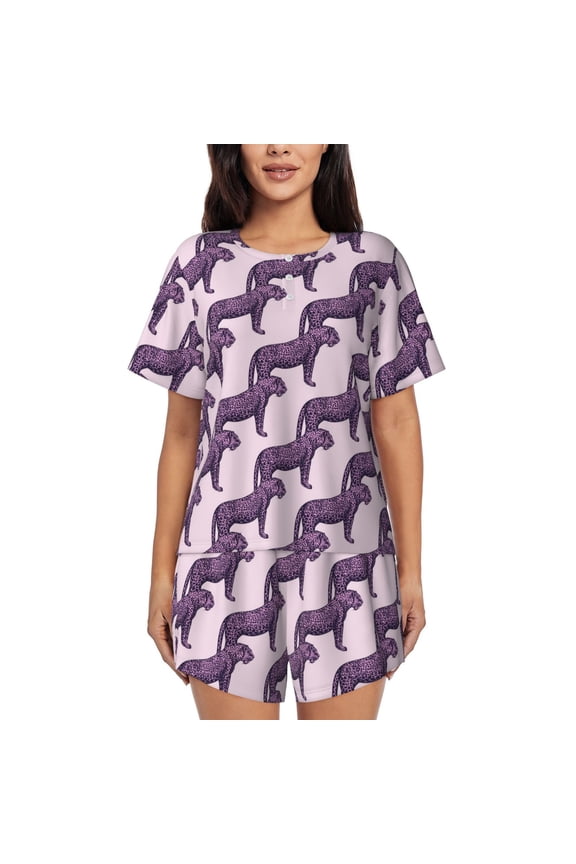 Leopard Print for 2 Piece Short Sleeves Pajama Sets Casual Lounge Sleepwear Ladies Pjs Sets with Pocket-Large