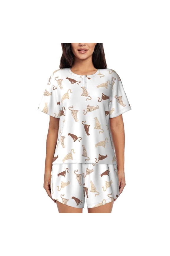 Leopard Print for 2 Piece Short Sleeves Pajama Sets Casual Lounge Sleepwear Ladies Pjs Sets with Pocket-Medium