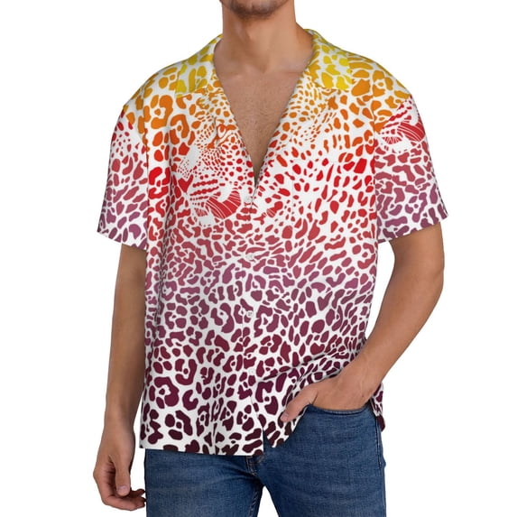 Rateoe Leopard Skins And Heads Pattern Men's Short Sleeve Classic Shirt, Casual Short-Sleeved Shirt, Lightweight Summer Shirt, Cuban Collar Shirt,Button-Front Shirt-Small