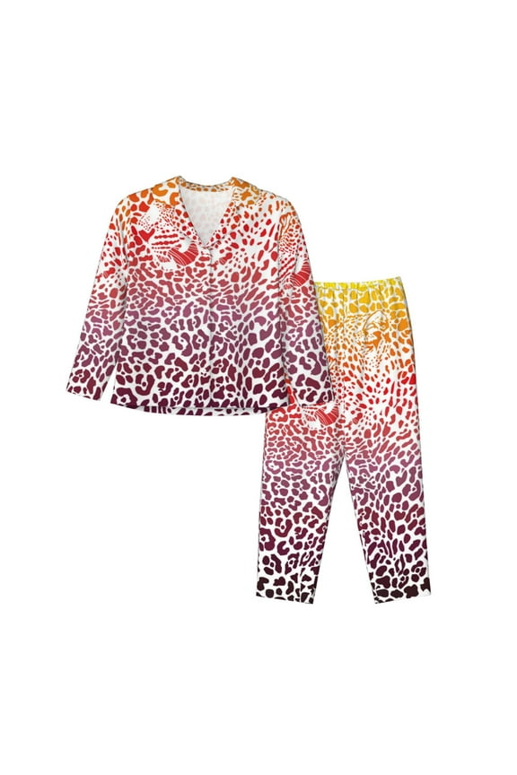 Leopard Skins And Heads Pattern Womens Pajamas Set Long Sleeve Sleepwear Button Down Nightwear Soft Cotton Pj Lounge Sets-Large