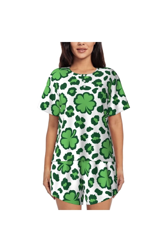 Leopard print St. Patrick's Day for 2 Piece Short Sleeves Pajama Sets Casual Lounge Sleepwear Ladies Pjs Sets with Pocket-Medium