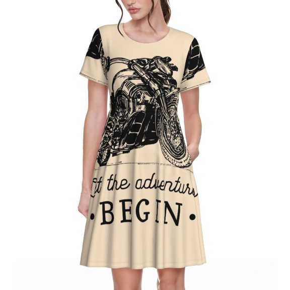 Rateoe Let The Adventure Begin Pattern Women’s Short Sleeve Dress – Casual Elegant Summer A-Line Dress for Everyday Wear