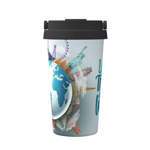 Rateoe Let's go Travel Around the World Pattern Travel Coffee Mug Tumbler with Flip Lid | Reusable Insulated Stainless Steel Cold Brew Iced Coffee Cup Thermos