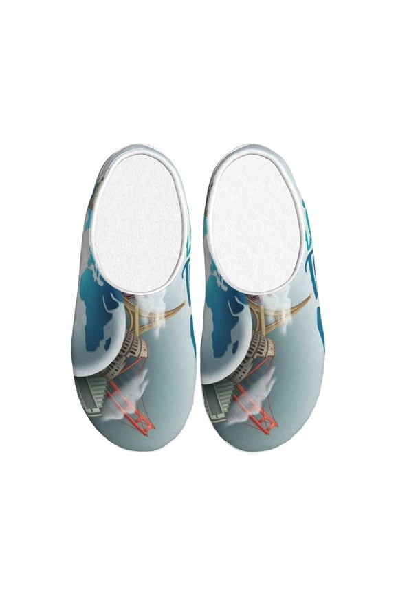 Let's go Travel Around the World Print Women's Men's Cotton Knit Slippers Lightweight Memory Foam Indoor House Shoes with Anti-Skid Sole-42/43