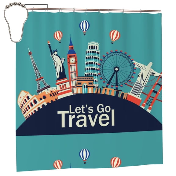 Rateoe Let's go Travel Shower Curtain - Fancy Bathroom Shower Curtain Sets - Waterproof Shower Curtain with Hooks with 12 Plastic Hooks 72x72 Inches