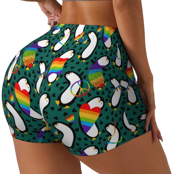 Rateoe Lgbt Penguin Printed Power Workout Shorts for Women Tummy Control Squat Proof Ribbed Thick Seamless Scrunch Active Short-Medium
