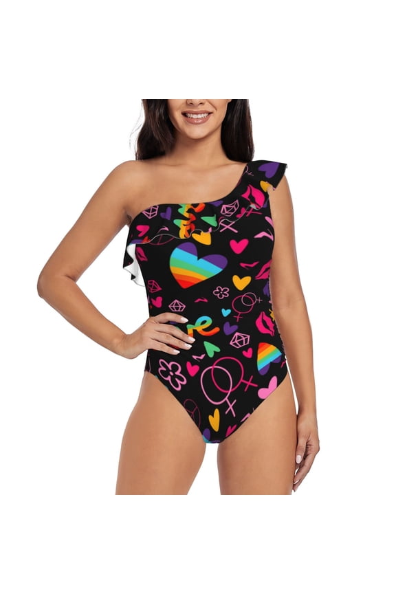 Lgbt Rainbow For Pride Pattern Women One Piece Swimsuits Tummy Control One Shoulder Bathing Suits Ruffle Swimwear-Small