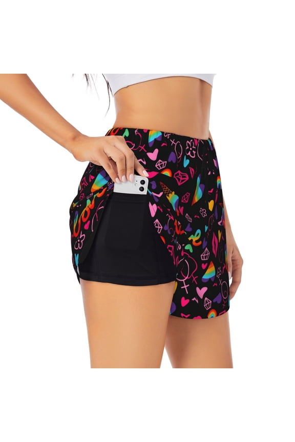 Lgbt Rainbow For Pride Printed 2 in 1 Women's Workout Shorts for Athletic Gym Running Shorts with Phone Pockets-