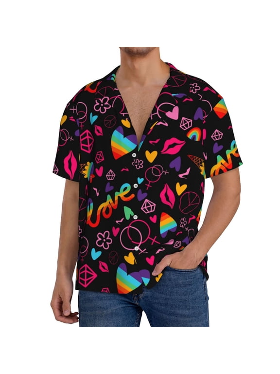 Lgbt Rainbow For Pride Pattern Men's Short Sleeve Classic Shirt, Casual Short-Sleeved Shirt, Lightweight Summer Shirt, Cuban Collar Shirt,Button-Front Shirt-3X-Large