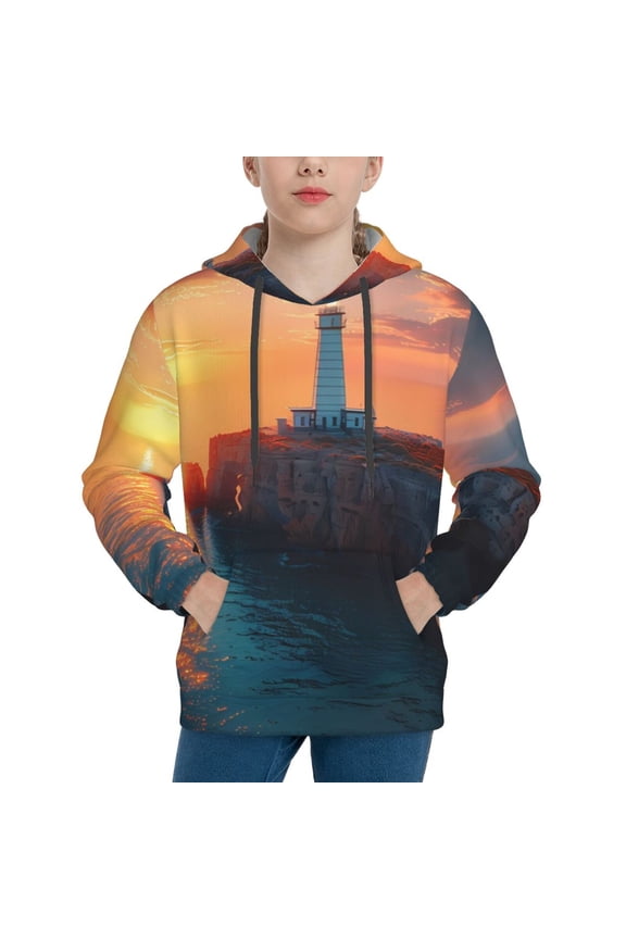 Lighthouse At Sunset Coast Pattern Boys Hoodie, Youth Pullover Hooded Sweatshirt, Kangaroo Pocket Hoodie for Kids-Small