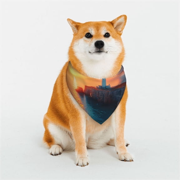 Rateoe Lighthouse At Sunset Coast Print Pet Scarf for Dogs and Cats – Stylish Reflective Design, Breathable & Durable Pet Bandana with Quick-Release Buckle-Small