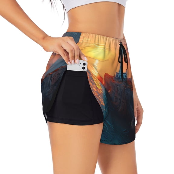 Rateoe Lighthouse At Sunset Coast Printed 2 in 1 Women's Workout Shorts for Athletic Gym Running Shorts with Phone Pockets-Medium