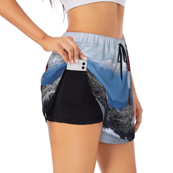 Rateoe Lighthouse On The Waters Printed 2 in 1 Women's Workout Shorts for Athletic Gym Running Shorts with Phone Pockets-Medium