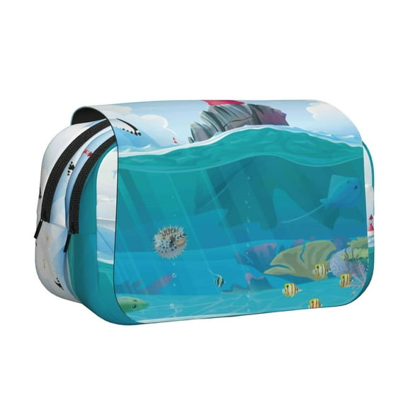 Rateoe Lighthouse Sea Port Pattern Double Clamshell Pen Case, Storage Organizer with Two Zipper Compartments Holds Up to 50 Pencils & Pens