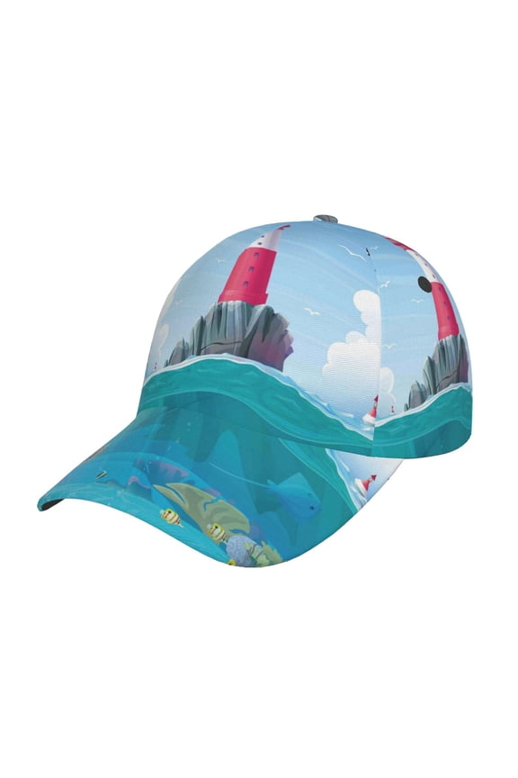 Lighthouse Sea Port Pattern Mens Baseball Cap Adjustable Curved Brim Hat, Soft Cotton Sports Cap for Outdoor, Casual, and Everyday Wear, Comfortable & Breathable