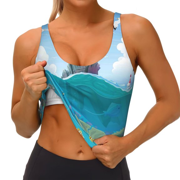 Rateoe Lighthouse Sea Port Print Womens' Sports Bras Scoop Neck Sports Vest- Padded U Back Seamless High Impact Support