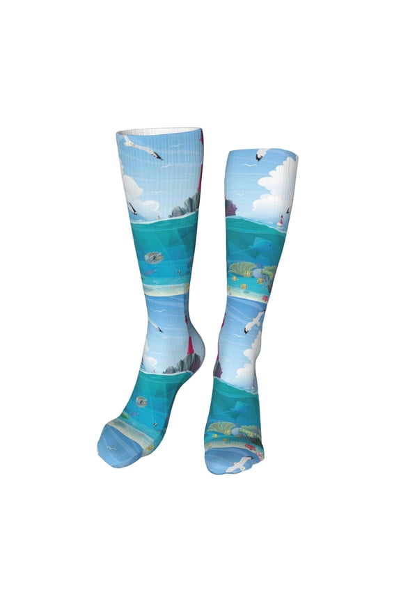 Lighthouse Sea Port print Women's Men's Novelty 20in Crew Socks Cotton Socks Knee High Socks for Walking,Running,Nurses,Pregnancy-One Size