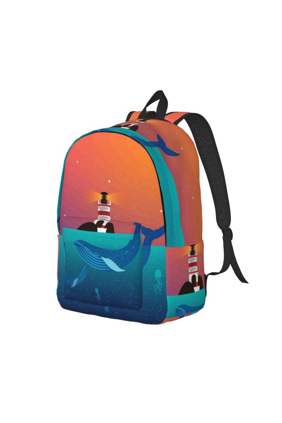 Lighthouse and Whale Pattern Durable Canvas Backpack for Men & Women – Stylish & Lightweight – Adjustable Straps, Multiple Pockets – Fits 15-17 Inch LaptopsSmall