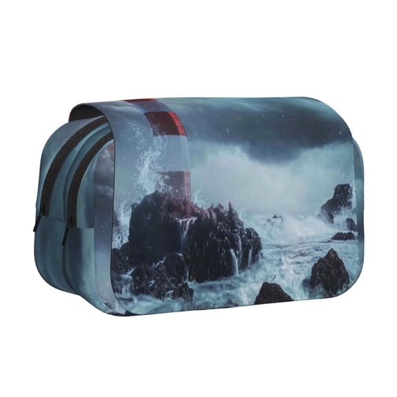Rateoe Lighthouse in a Stormy Sea Pattern Double Clamshell Pen Case, Storage Organizer with Two Zipper Compartments Holds Up to 50 Pencils & Pens