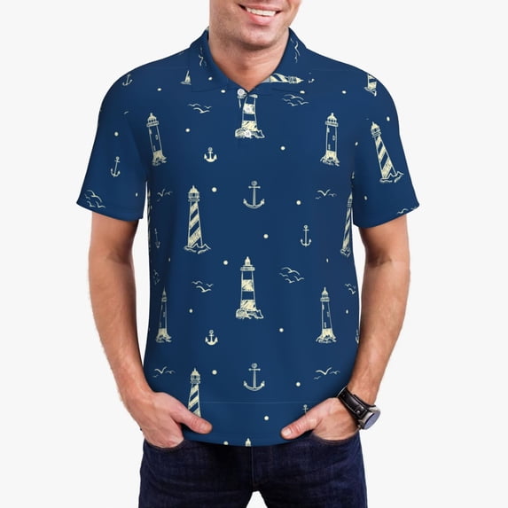 Rateoe Lighthouses and Anchors Pattern Men's Short Sleeve Polo Shirts, Golf Polo Shirts Short Sleeve Performance Moisture Wicking Dry-X-Large