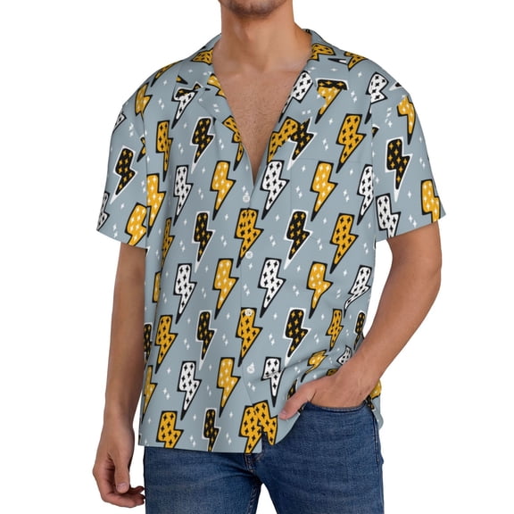 Rateoe Lightning Bolts Pattern Men's Short Sleeve Classic Shirt, Casual Short-Sleeved Shirt, Lightweight Summer Shirt, Cuban Collar Shirt,Button-Front Shirt-