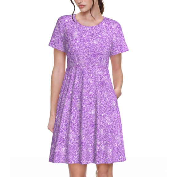Rateoe Lilac Glittering Pattern Women’s Short Sleeve Dress – Casual Elegant Summer A-Line Dress for Everyday Wear