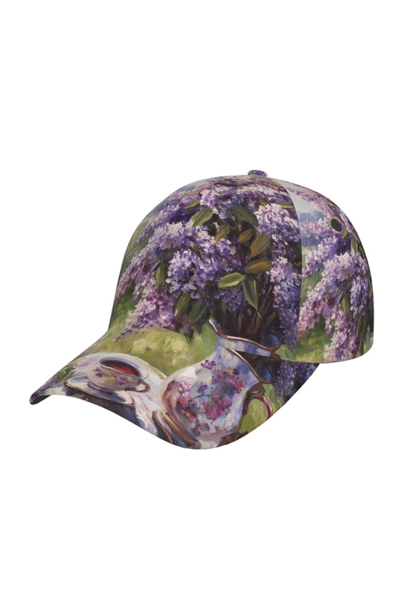 Lilacs Teapot Scenic Painting Pattern Mens Baseball Cap Adjustable Curved Brim Hat, Soft Cotton Sports Cap for Outdoor, Casual, and Everyday Wear, Comfortable & Breathable