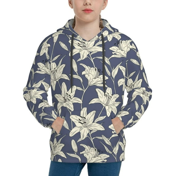 Rateoe Lilies Flowers Pattern Boys Hoodie, Youth Pullover Hooded Sweatshirt, Kangaroo Pocket Hoodie for Kids-Large