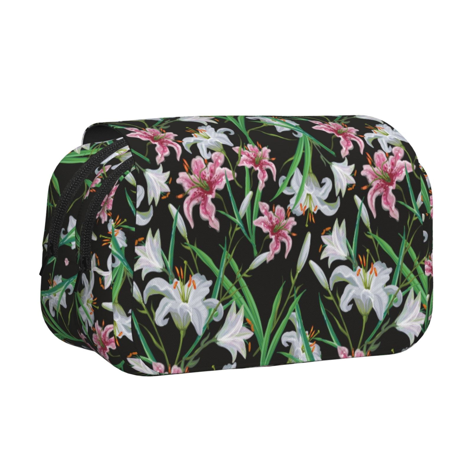 Rateoe Lilies Flowers Pattern Double Clamshell Pen Case, Storage Organizer with Two Zipper Compartments– Holds Up to 50 Pencils & Pens