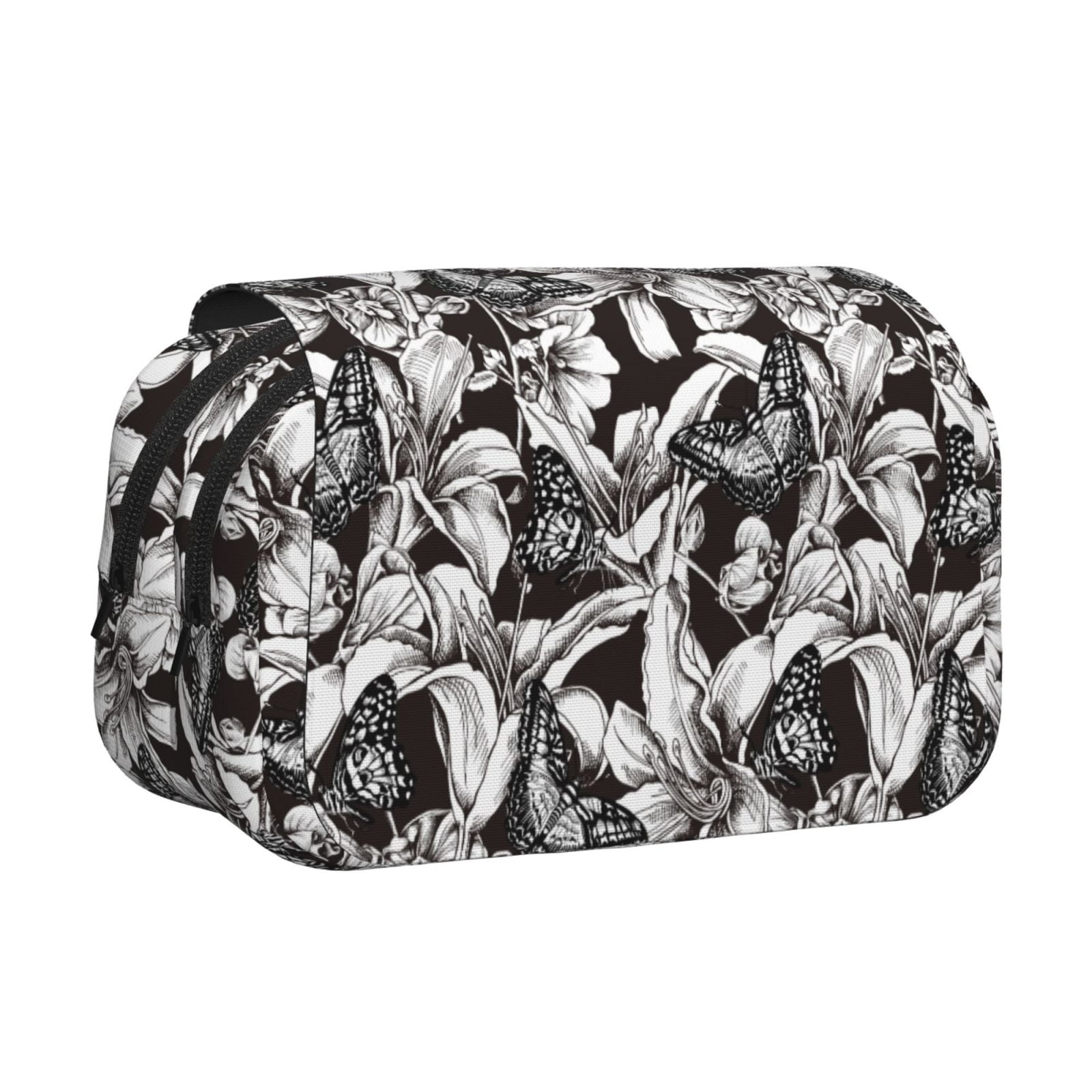 Rateoe Lilies Flowers Pattern Double Clamshell Pen Case, Storage Organizer with Two Zipper Compartments– Holds Up to 50 Pencils & Pens
