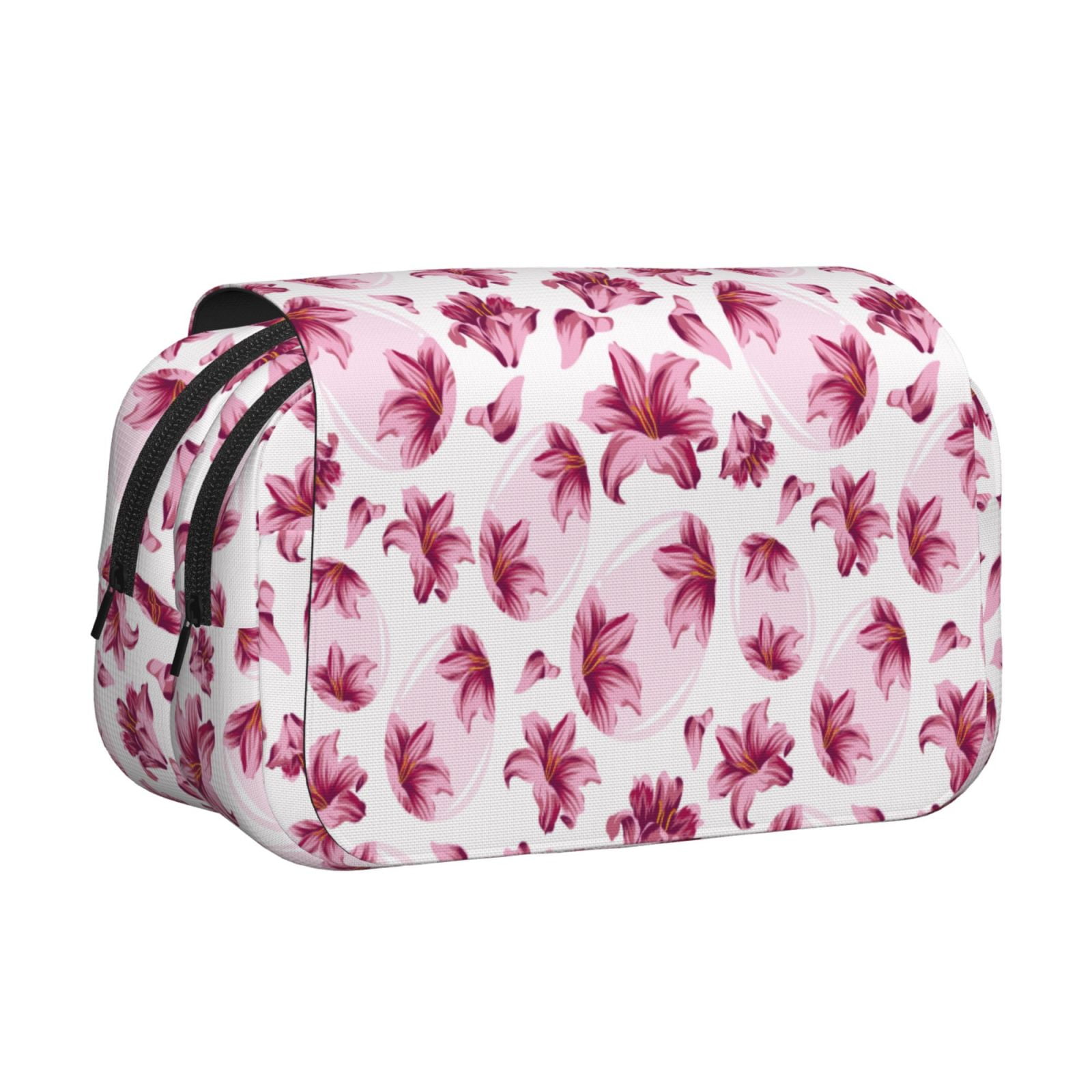 Rateoe Lilies Flowers Pattern Double Clamshell Pen Case, Storage Organizer with Two Zipper Compartments– Holds Up to 50 Pencils & Pens