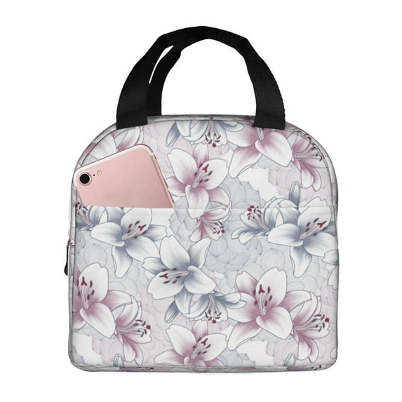 Rateoe Lilies Flowers Pattern Insulated Lunch Bag with Thick Aluminum Foil Lunch Tote Bag with Front Pocket for Men and Women, Ideal for Work, School, Picnics, and Travel