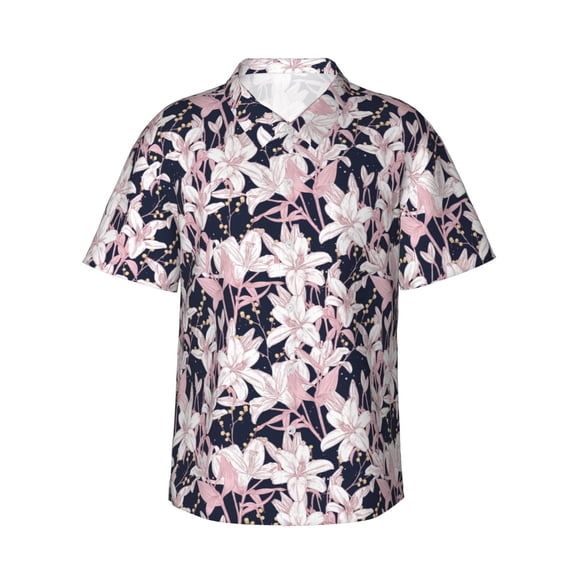 Rateoe Lilies Flowers Pattern Men’s Hawaiian Shirt – Short Sleeve Button-Down Tropical Beach Shirt, Lightweight & Breathable Casual Aloha Shirt with Pocket,Large