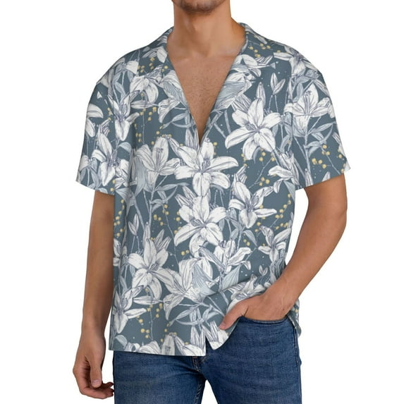 Rateoe Lilies Flowers Pattern Men's Short Sleeve Classic Shirt, Casual Short-Sleeved Shirt, Lightweight Summer Shirt, Cuban Collar Shirt,Button-Front Shirt-4X-Large
