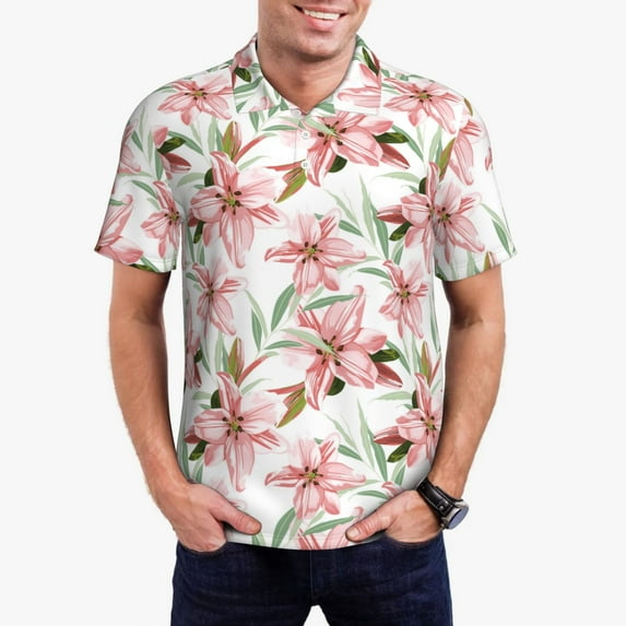 Rateoe Lilies Flowers Pattern Men's Short Sleeve Polo Shirts, Golf Polo Shirts Short Sleeve Performance Moisture Wicking Dry-XX-Large