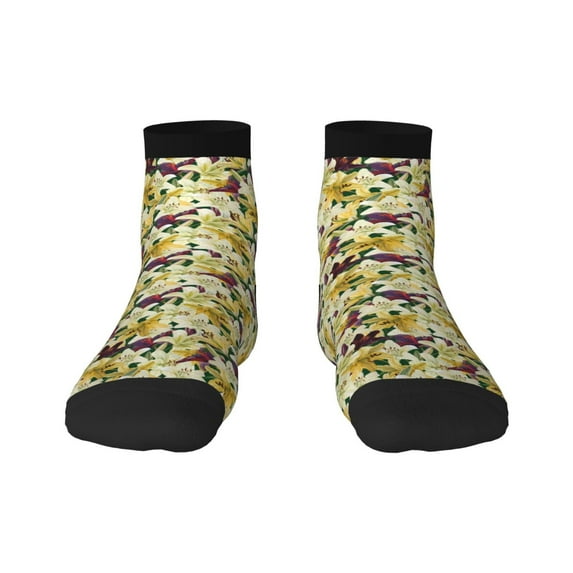 Rateoe Lilies Flowers Pattern Quarter Crew Socks,Toe Seamed Ankle Socks,Cotton Cushioned Breathable Athletic Crew Sports Socks