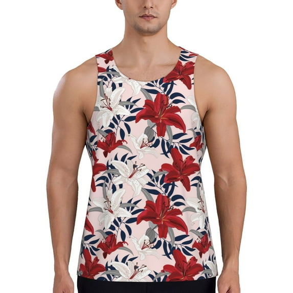 Rateoe Lilies Flowers Pattern Sleeveless Gym Shirt Muscle Tee Breathable Workout Shirt Slim-Fit Tank Quick Dry Fit Muscle Tank Top Bodybuilding Sleeveless T Shirt-3X-Large