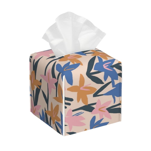 Rateoe Lilies Flowers Pattern Tissue Box Cover, Modern Square Decorative Leather Facial Paper Case Organizer Holder Dispenser 5X5X5''
